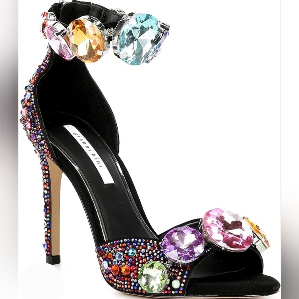 Gianni Bini Dress Sandals 7 Black Suede Oaklynn Chunky Jewel Ankle Cuff New $160 - Picture 5 of 17